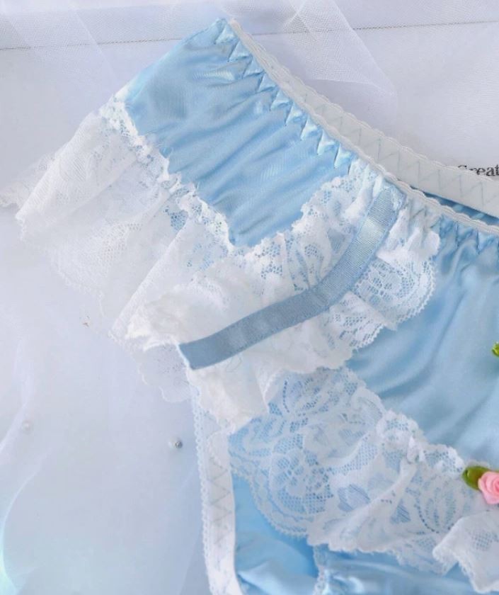 🎀Blue Satin Frilly Knickers White Lace Trim Cute Feminine Briefs size XL 16-18