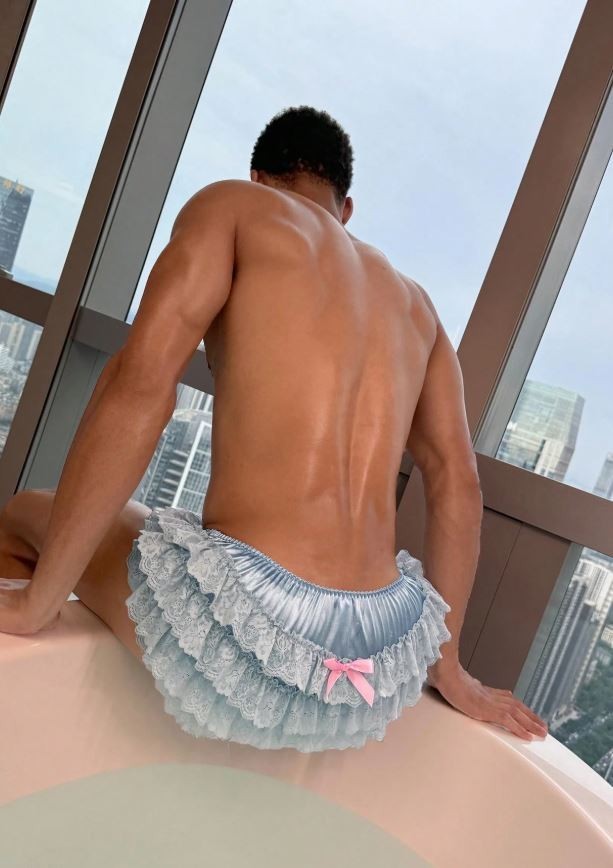 Men’s blue Satin silky feel panties ruffles sissy stretchy fits size S 8 - M 10
