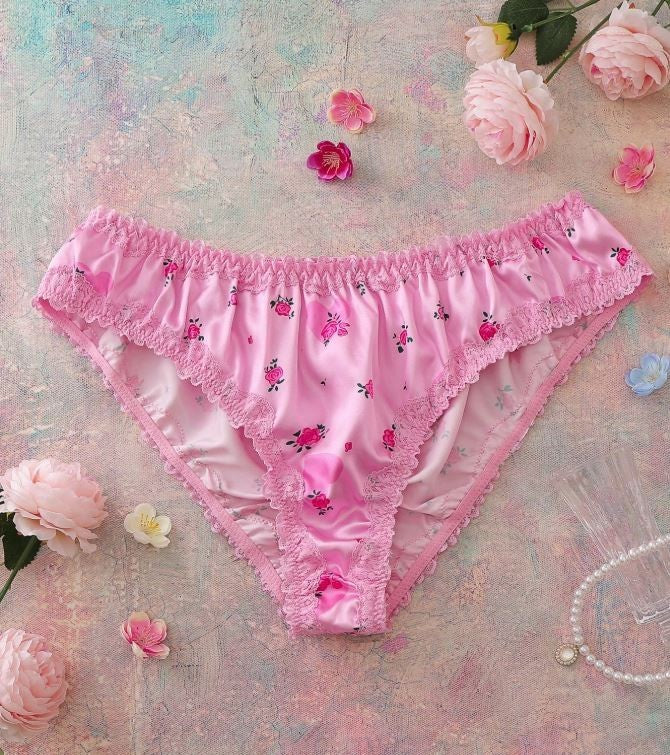 Women’s Pink Satin Floral Lace Trim Knickers Ruched Lingerie Panties XL 16-18