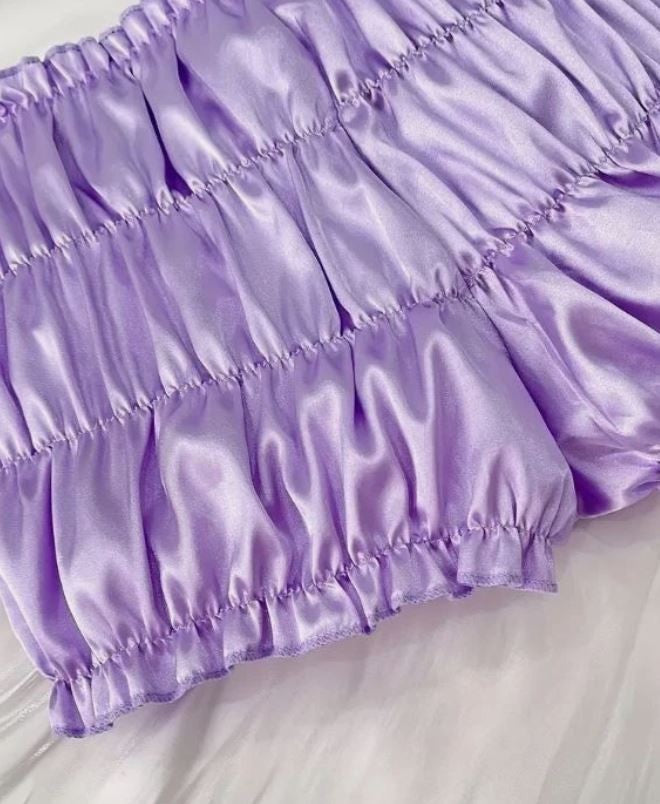 Ruched lilac satin knickers silky feel soft lettuce trim bow sissy size 8 S