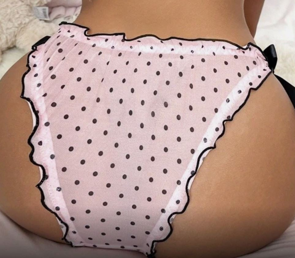 Sexy semi sheer panties pink polka dot knickers satin bow lettuce trim UK 10/ M