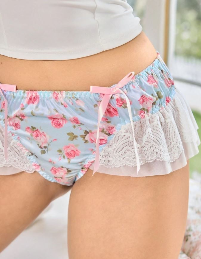 Womens blue floral silky feel panties satin knickers lace trim ruffles bow M /10