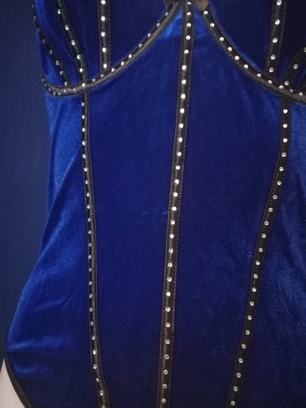 Women Royal Blue Velvet Bodysuit Studded Corset Style Adjustable Straps size 8-S