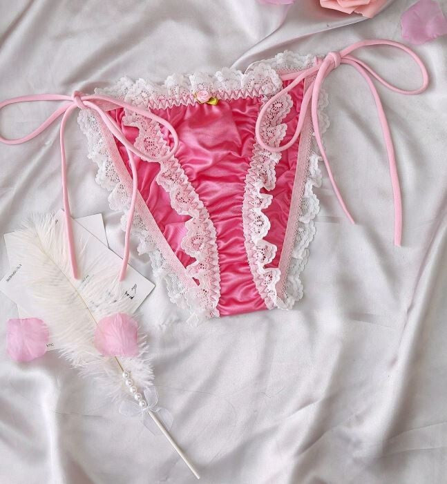 Women's delicate soft silky feel satin knickers side ties comfort sissy ruched