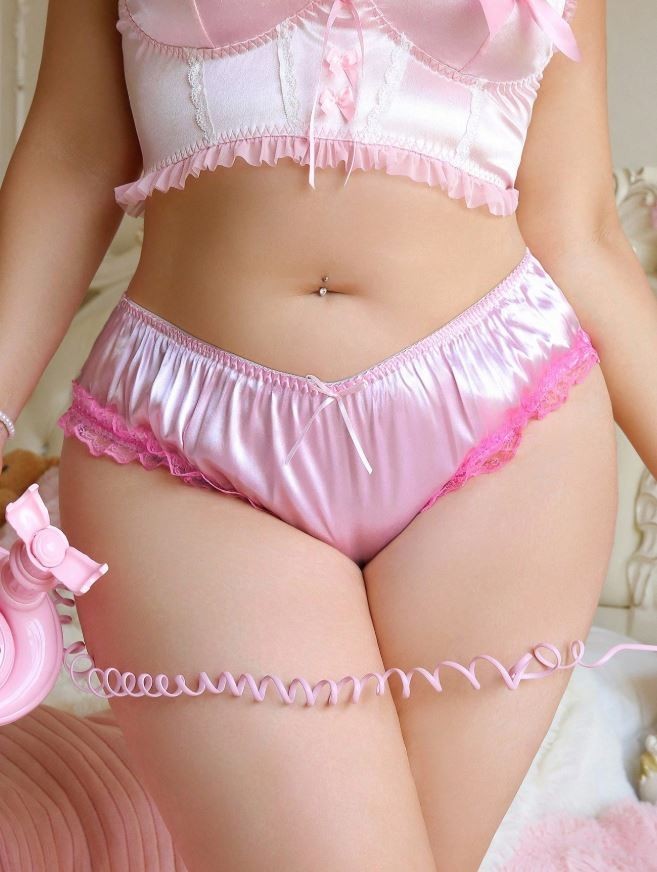 Women's plus size soft silky feel satin knickers pink panties lace detail sissy