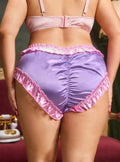 Silky feel lilac satin panties ruched bum knickers pink trim size UK 16-18 / XL