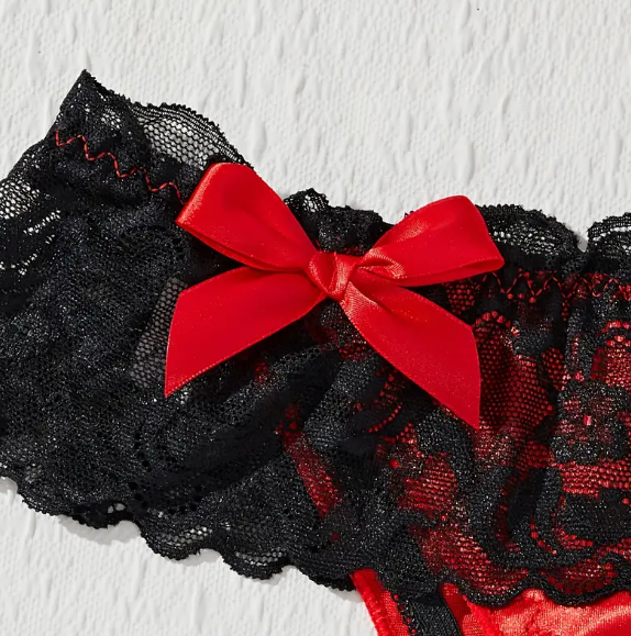 Women's soft silky feel knickers in red with black lace and bow detail open back