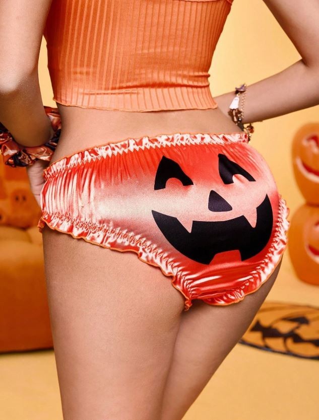 Women soft silky feel satin orange panties Halloween pumpkin knickers sizes M L