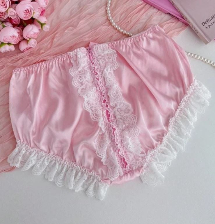 Pink Satin Lace Frilly Knickers Bow Zip Cute Lingerie Booty Shorts size M UK 10