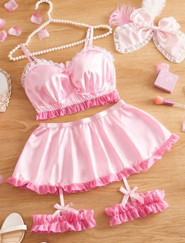 Women Pink silky feel satin lace garter belt leg garters & top intimate addition