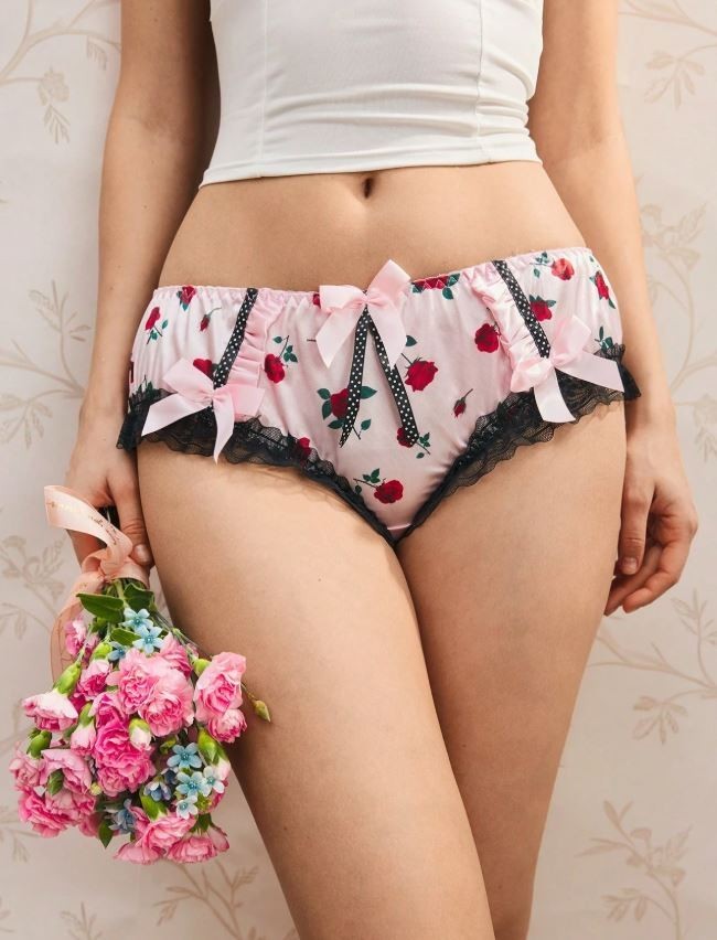 Women's floral lovely satin glossy knickers silky feel panties ruffle trim sissy