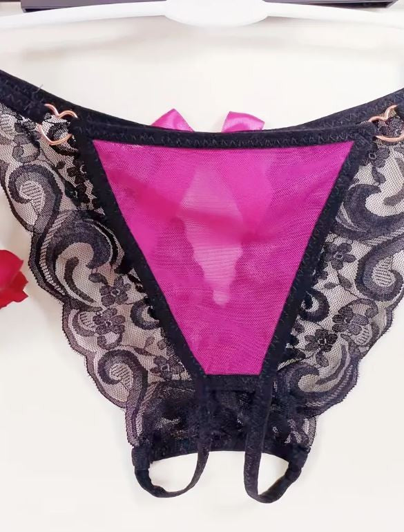 Women's soft mesh tanga Knickers Size S-UK 8 Pink Bow open crotch French style