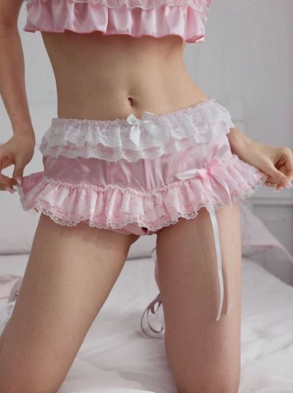 Women soft satin knickers pink ruffles bows princess vibe sissy size L/12-14