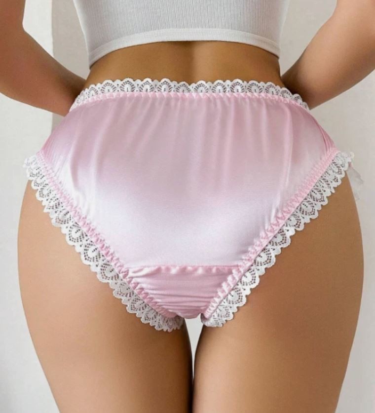 Women Pink Satin Lace Ruffle Panties Cute Frilly Knickers Soft size M UK 10-12
