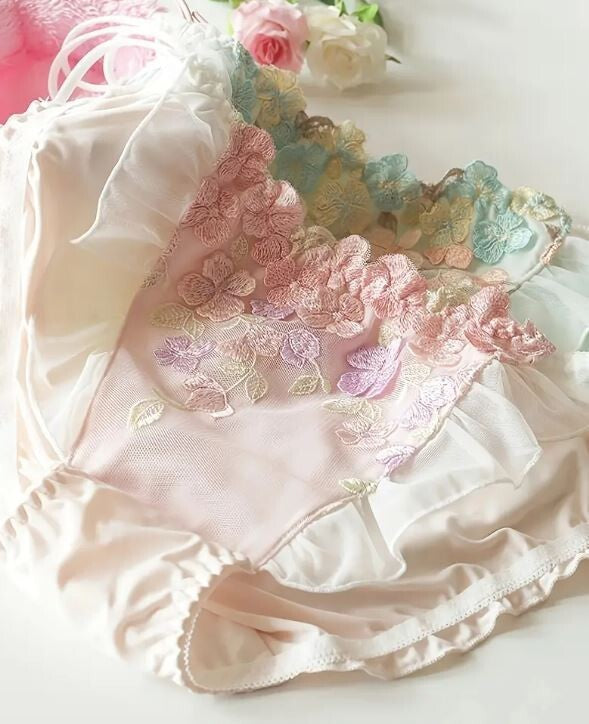 HOT! Japanese style soft silky feel satin lace tanga panties embroidered sissy