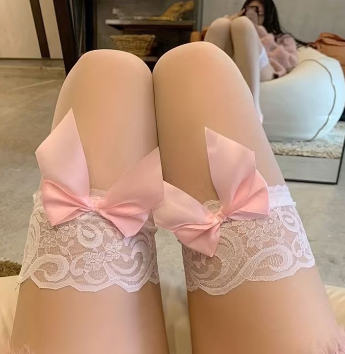 Sheer Thigh High Stockings Lace Top Pink Bow Cute Coquette Hosiery one size