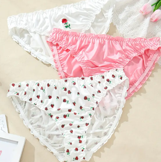 Women's Sexy soft silky feel knickers satin panties with rose design sissy TV CD