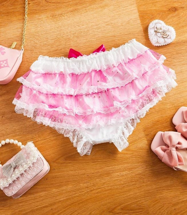White Satin Lace Ruffle Knickers Bow Detail Girly Coquette size panties S 8