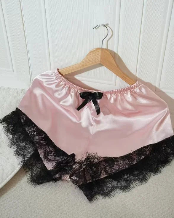 Silky feel baby pink satin black lace trim 4 piece lingerie set size 8 (S)