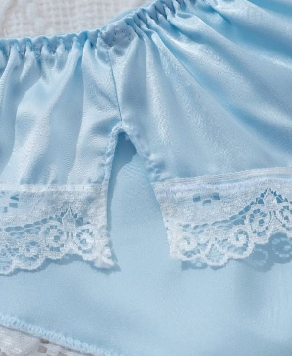 1x Womens stunning silky feel blue satin French panties lace trim sissy glossy
