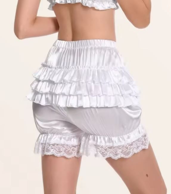 Silky satin bloomers white shorts pants ruffled lace sissy size L/UK 12-14