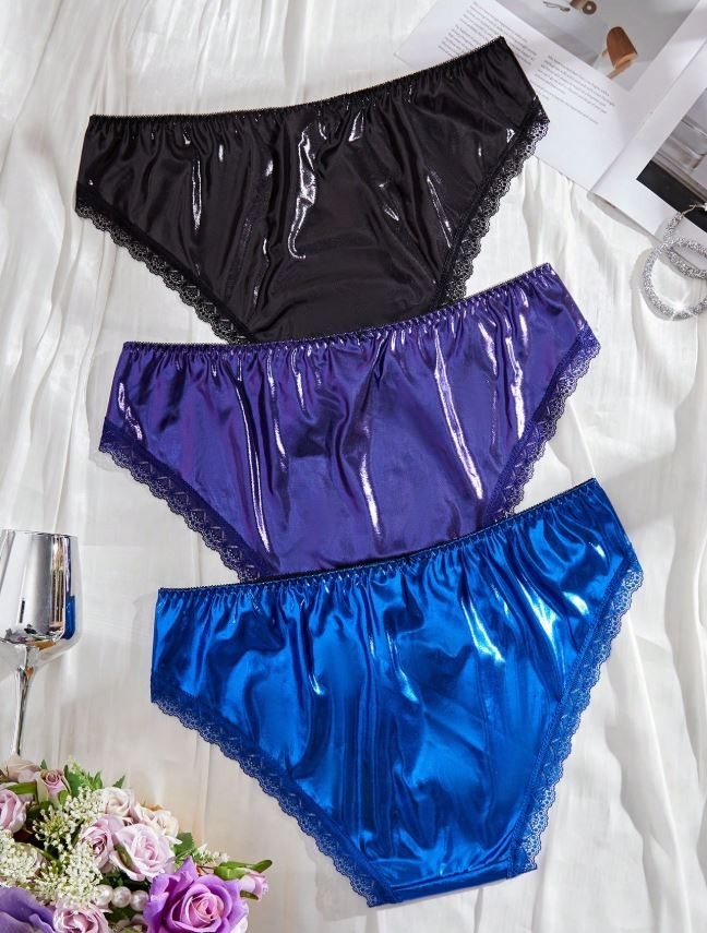 Women's plus size stunning glossy satin knickers silky feel panties lace trim