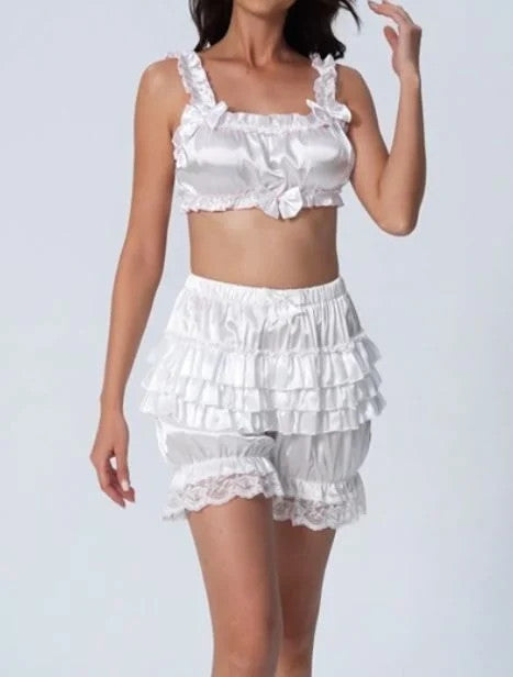 Silky satin bloomers WHITE shorts pants ruffled touch of lace sissy size S/UK 8