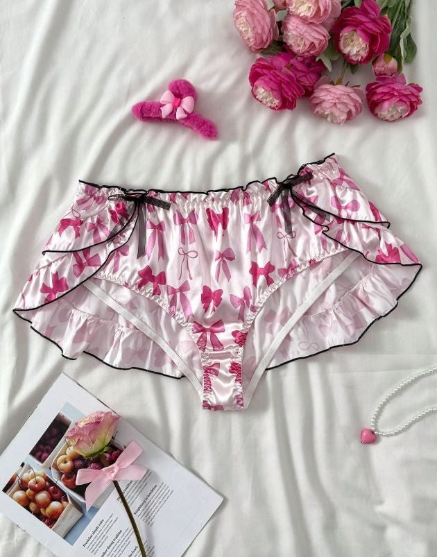 Ladies plus stunning satin silky feel knickers bow print ruffle sissy XL 16-18