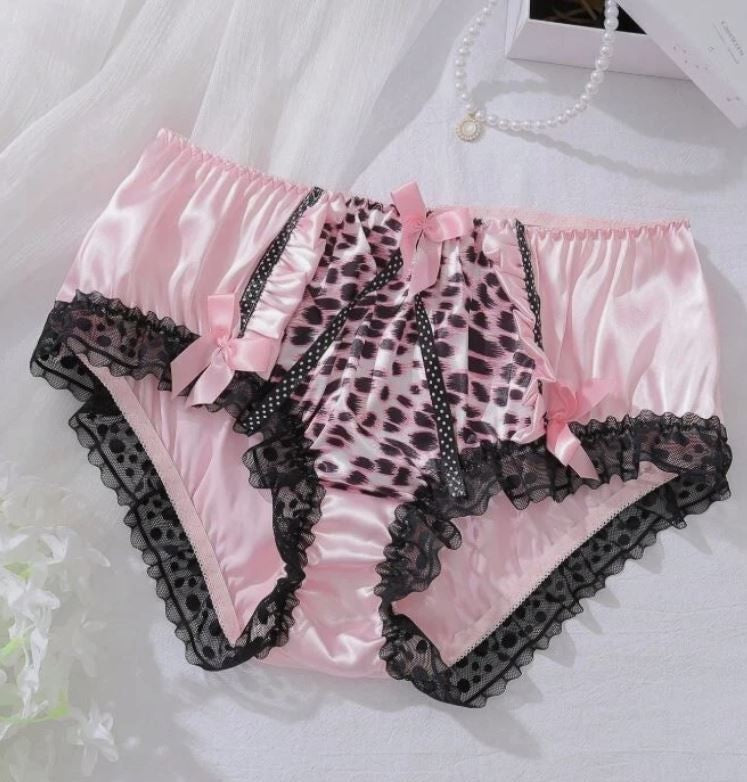 Women silky feel satin leopard print knicker ruffle trim bow sissy size XL 16-18