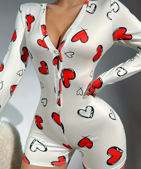 V neck heart print soft feel romper playsuit long sleeve polyester PJ