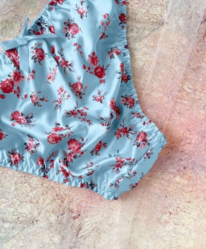 Women's floral blue silky feel knickers satin panties bow underwear sissy CD TV