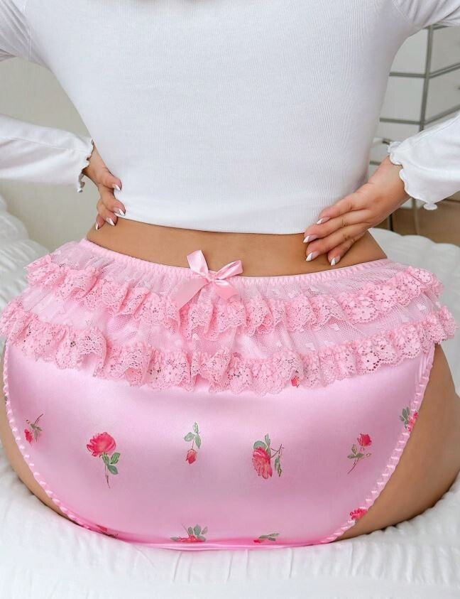 Women's plus size silky feel satin knickers floral lots of ruffles sissy CD TV