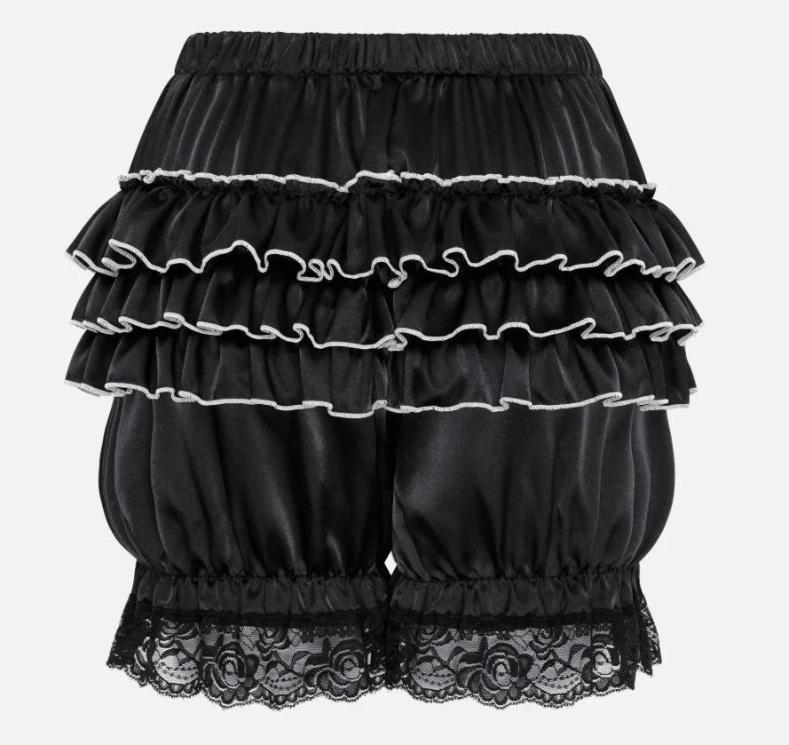 Silky satin bloomers black shorts pants ruffled lace trim sissy size L/UK 12-14
