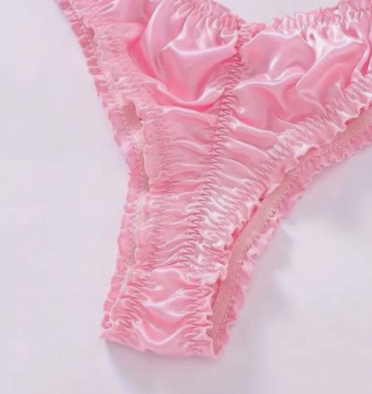 Women Pink Satin Thong Knickers silky feel with Ruched bum Detail & Bow size S 8