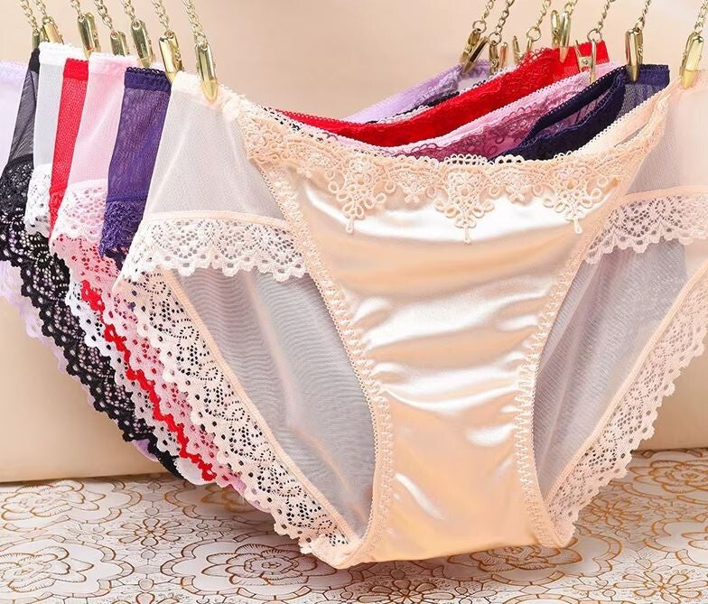 Stunning feminine silky feel satin knickers seamless embroidered lace back sissy