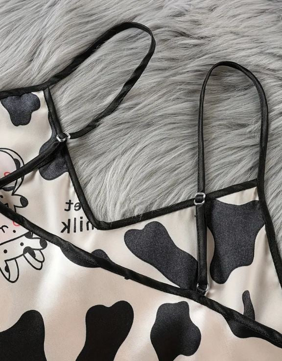 PJ silky feel soft satin spaghetti strap cow print top shorts sissy size S /8-10