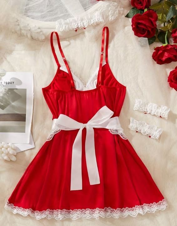Plus Size 24 Sexy Red Maid Lingerie Set Apron Dress Lace Bow Outfit 4XL cosplay