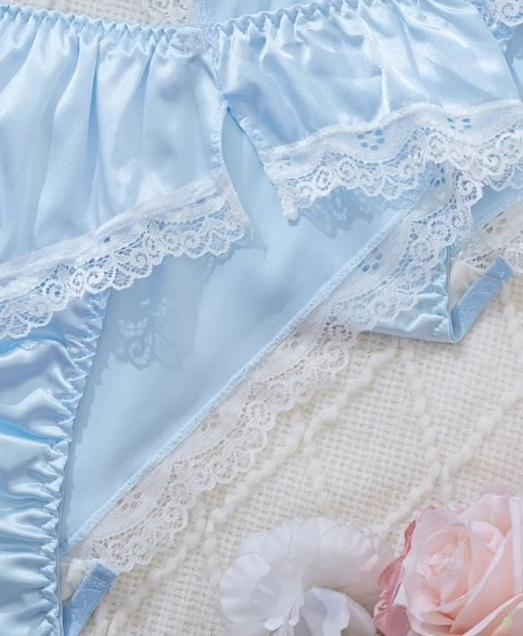 1x Womens stunning silky feel blue satin French panties lace trim sissy glossy