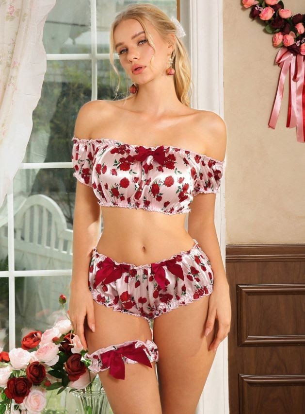 Sexy Rose Print Lingerie Set Off-Shoulder Crop Top panties Garter size XL 16-18