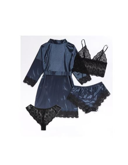 Silky feel navy blue satin black lace trim 4 piece lingerie set size 16-18 (XL)