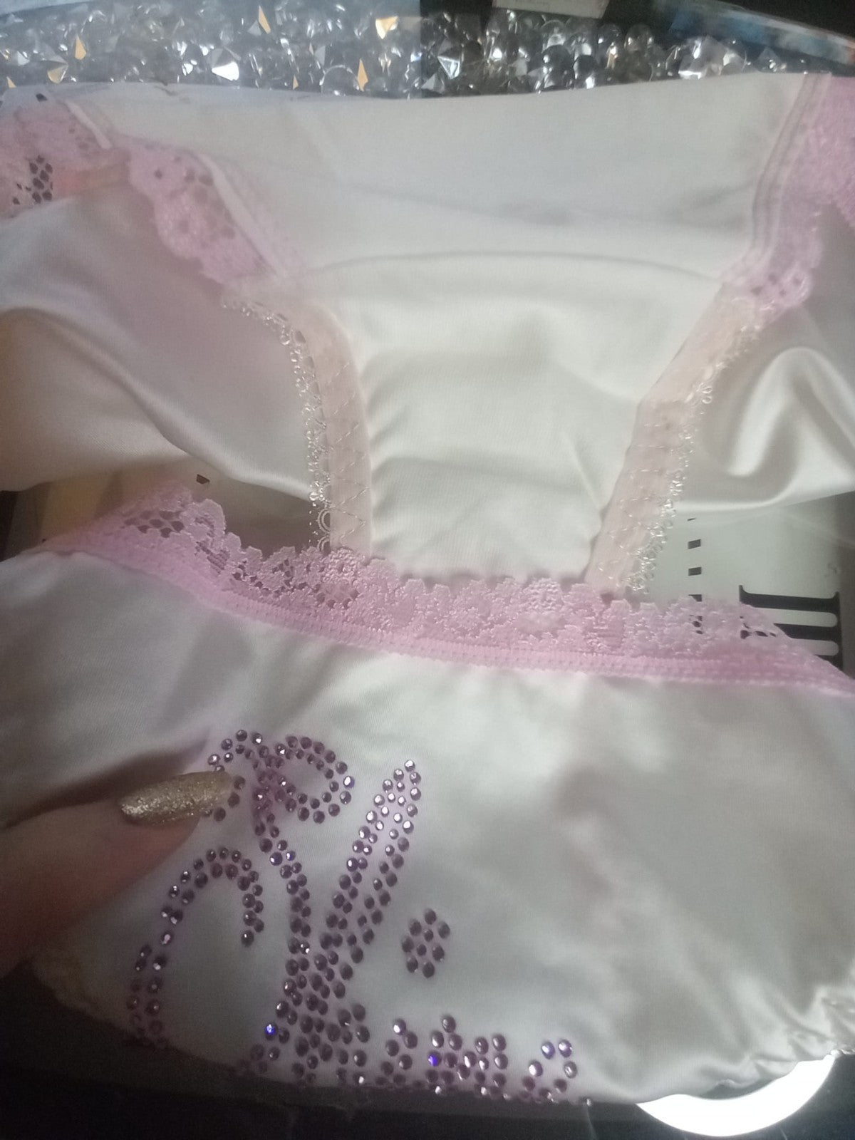 Women white soft silky feel satin tanga panties SHINE print sissy size 12/14 (L)