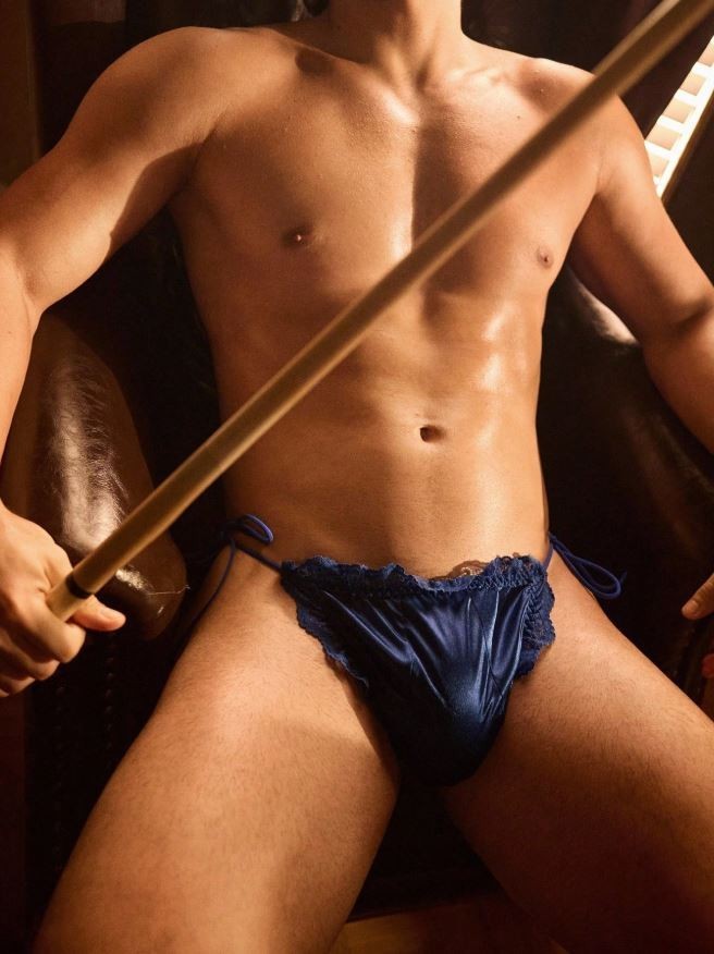 Men’s Blue Satin silky feel panties Side Tie ruched Luxury Fashion size L 12-14