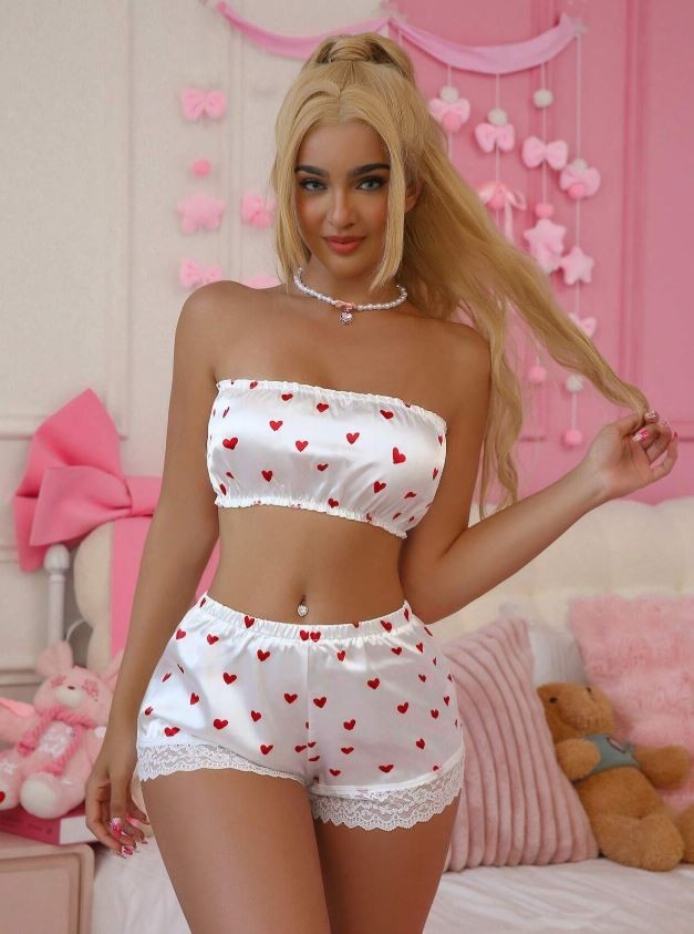 Satin Heart Print Lingerie Set Bandeau Bra Shorts Lace Trim silky size L UK12-14