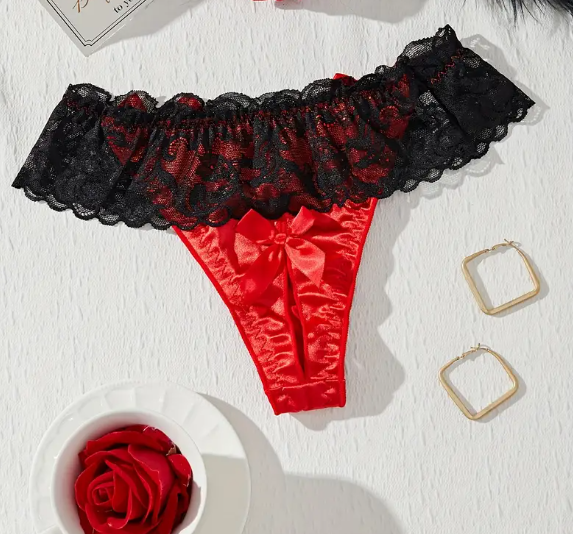 Women's soft silky feel knickers in red with black lace and bow detail open back