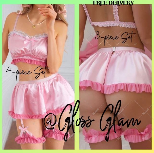 Women Pink silky feel satin lace garter belt leg garters & top intimate addition