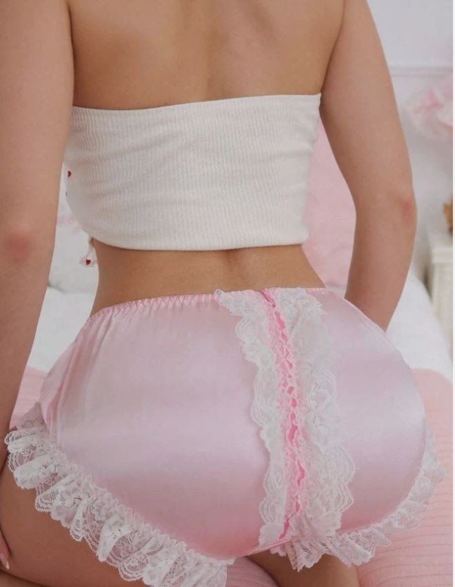 Pink Satin Lace Frilly Knickers Bow Zip Lingerie Booty Shorts size L UK 12-14
