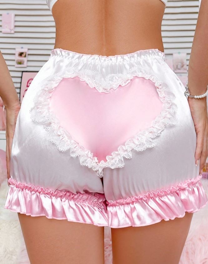 Women silky feel satin panties PJ shorts heart ruffles sissy CD TV size 10 M