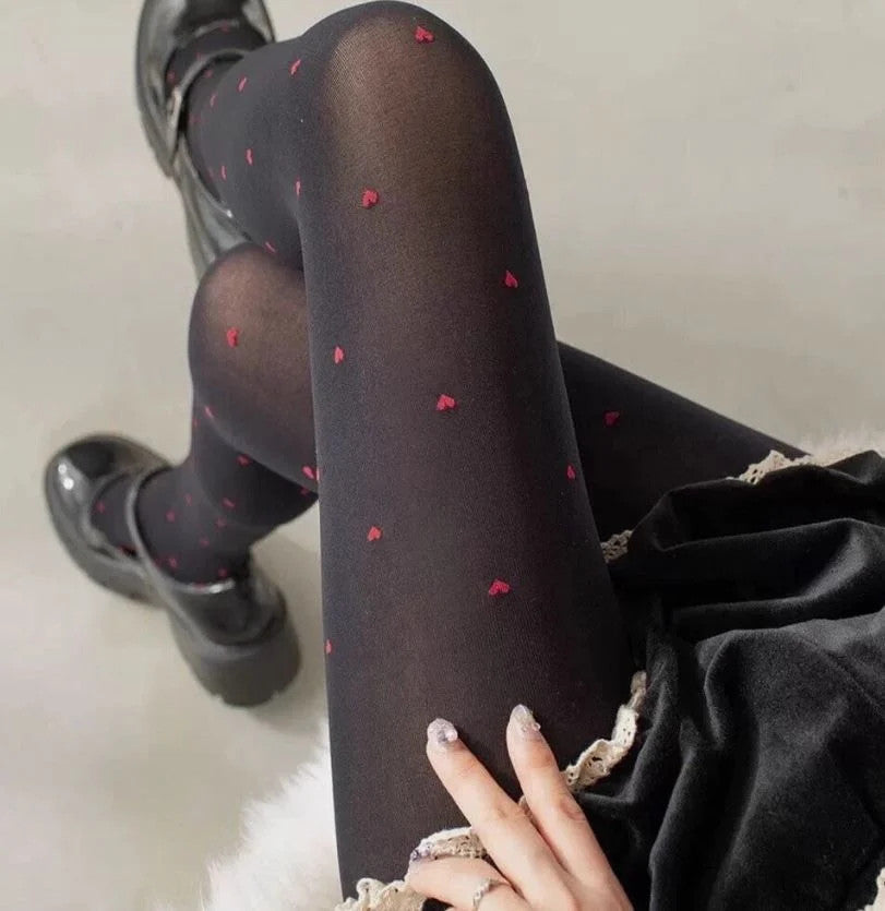 Sexy black tights elegant red hearts print 80D one size fits S-M all seasons