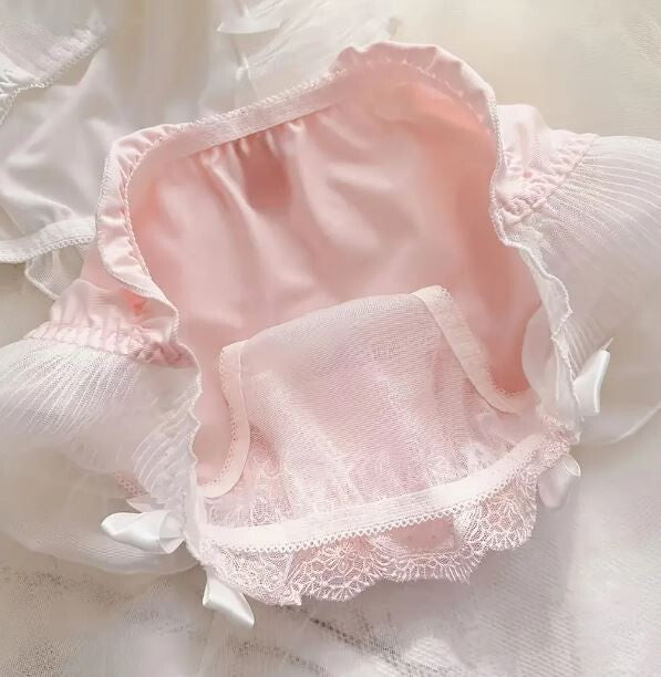 HOT! Japanese soft silky feel mesh trim panties embroidered bow tanga #sissy