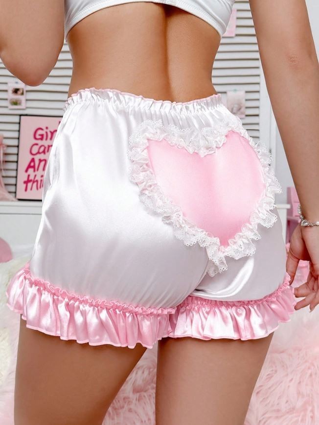 Women silky feel satin panties PJ shorts heart ruffles sissy CD TV size 10 M